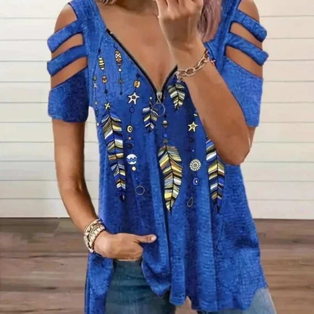 New  Feather Print Zip Up Cold Shoulder Shirt Top Feathers XL 1X